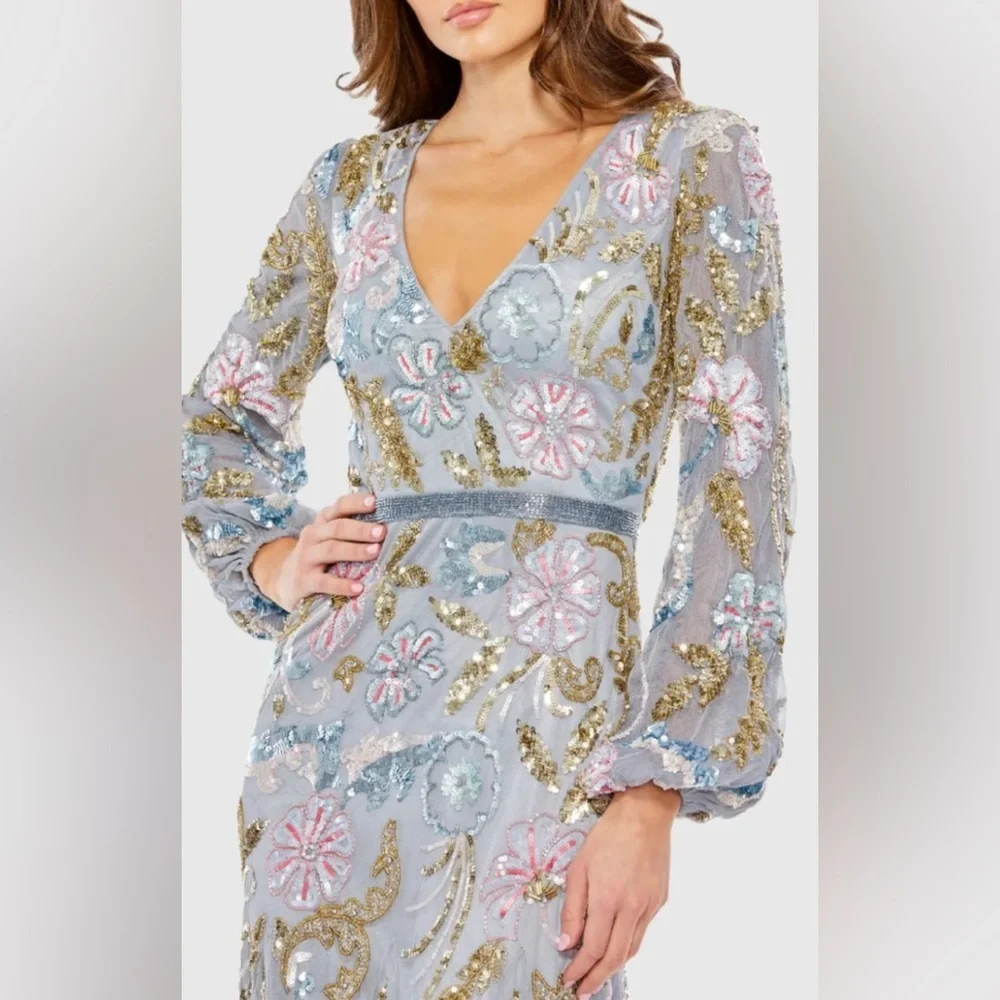 NWT Mac Duggal 5423 Gray Platinum Multi Long Cuff Sleeve Midi Dress Size 12 - Picture 3 of 16